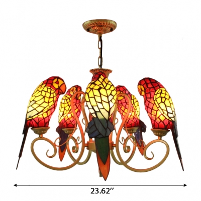 Tiffany Stained Glass 5-Bulb Red/Yellow Parrot Shade Chandelier in Brass Finish