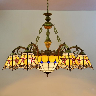 Tiffany Stained Glass Center Bowl Chandelier with 6 Small Shades Featuring Red Star Motif