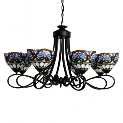 Baroque Style Eight-Light Wrought Iron Chandelier with Tiffany Stained Glass Bowl Shades