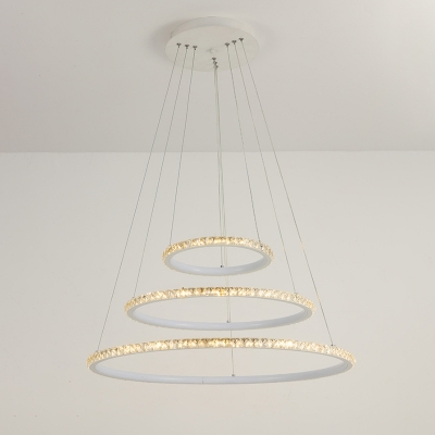 Charm LED Crystal Ring Pendant Adjustable Hanging Light Cable DIY 3 Tier LED Round Chandeliers with Faceted Cystals for Dining Room Foyer Entryway