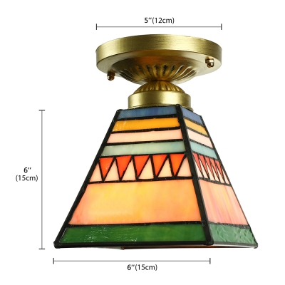 Colorful Pyramid Shaped Flush Mount Ceiling Light with Tiffany Mission Glass Shade, 6