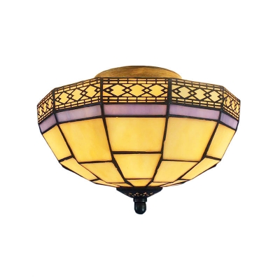 Inverted Tiffany-Style Flushmount Light with Flower/Diamond Pattern Glass Shade, Antique Brass Finish