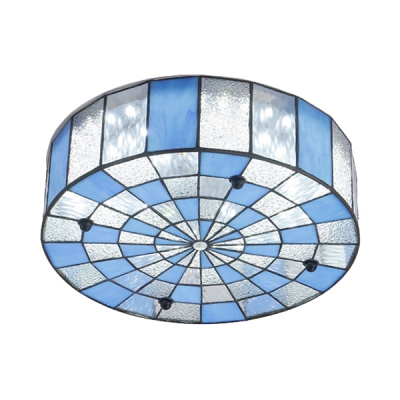 Tiffany Blue and Frosted Glass Checkered Ceiling Light Fixture with Drum Shade 15.75