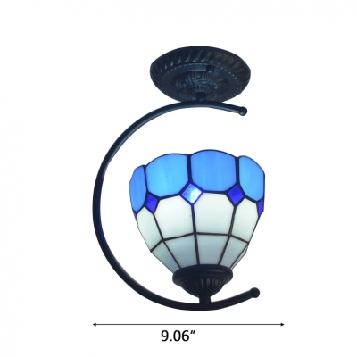 Tiffany Mediterranean Style Semi Flush Mount Ceiling Light  with Blue&White Checkered Bowl Shade