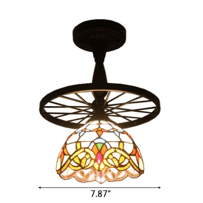 Tiffany Stained Glass Dome Shade Semi Flush Ceiling Light with Vintage Wheel Decor 15.35