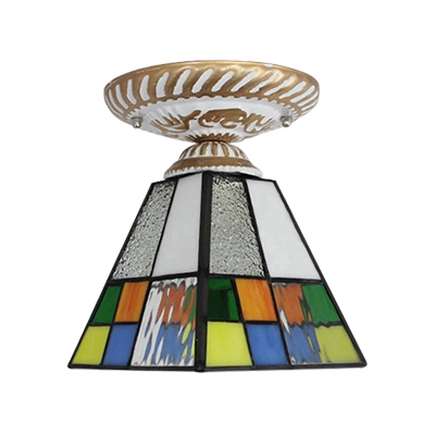 Tiffany Stained Glass Geometric Pattern Square Semi Flush Lighting with Metal Canopy