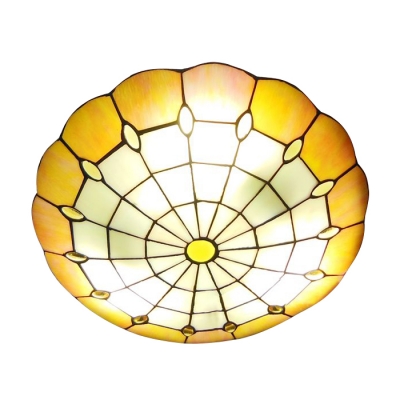 Yellow&White Circular Grid Design Tiffany Flush Mount Ceiling Fixture with Jewels