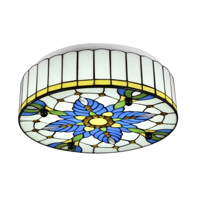 

11.81" Wide Blue Flower Pattern Tiffany Flush Mount Ceiling Fixture with Yellow Beads, HL484464