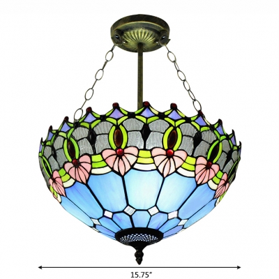 16 Inch Blue Bowl Shade Stained Glass Tiffany 3-light Chandelier
