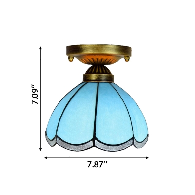 8-Inch Wide Lotus Shaped Flush Mount Ceiling Light with Tiffany Blue/Beige Stained Glass