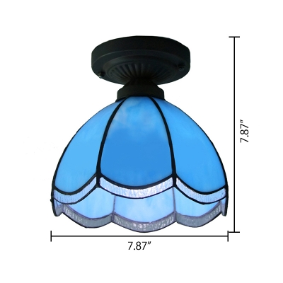 Downlight Bowl Blue Stained Glass Tiffany One-light Semi Flush Mount Ceiling Light