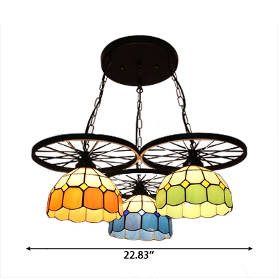 Kids Room Black Wheel Accent Multi Light Pendant Lamp with 3-Color Glass Dome Shade