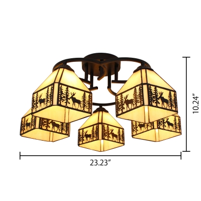 Lodge Style 3/5-Bulb Elk Pattern Chandelier Ceiling Light with Stained Glass Square Shades