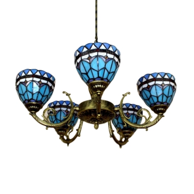 Mediterranean Style Blue Stained Glass Bowl Shade Chandelier with Wrought Iron Arms