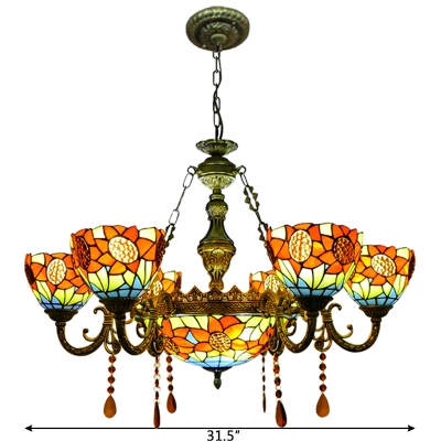 Sunflower Motif Amber Crystal Drops Accent Chandelier with Center Bowl 2 Sizes for Option