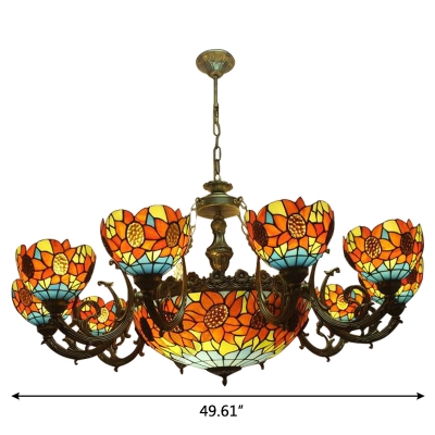 Sunflower Pattern Tiffany Stained Glass Chandelier with Wrought Iron Arms 3 Sizes for Option