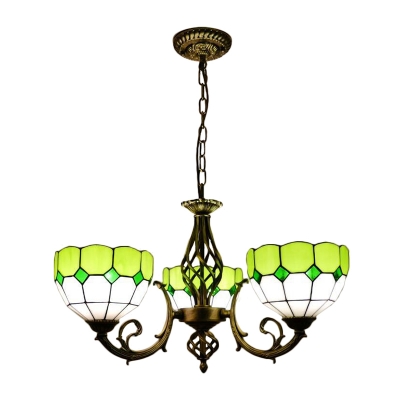Yellow/Green/Orange Checkered Bowl Shade 3-Bulb Chandelier in Tiffany Stained Glass Style