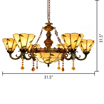 Living Room Green Leaf Motif Inverted Chandelier with Center Bowl 3 Sizes for Choice