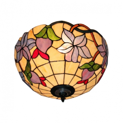 16-Inch Wide Flush Mount Ceiling Light with Flower Pattern Tiffany Art Glass Lampshade