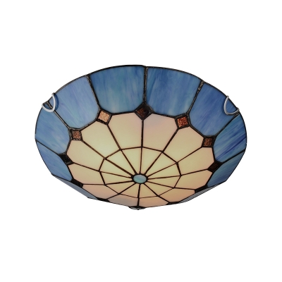 Blue/Yellow Circular Grid Pattern Mediterranean Style Flush Mount Light with Tiffany Stained Glass Bowl Shade 15.75