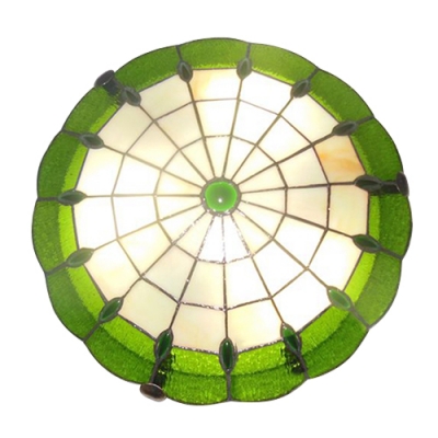 Green Rippled Glass Tiffany Flush Mount Light with Circular Grid Shade