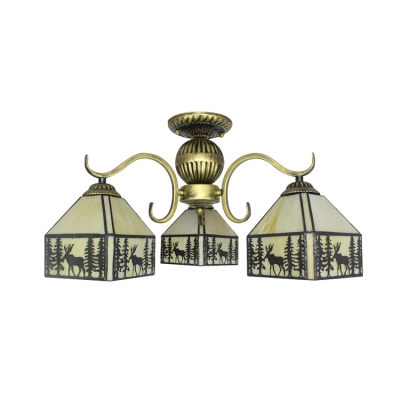 Lodge Style 3/5-Bulb Elk Pattern Chandelier Ceiling Light with Stained Glass Square Shades
