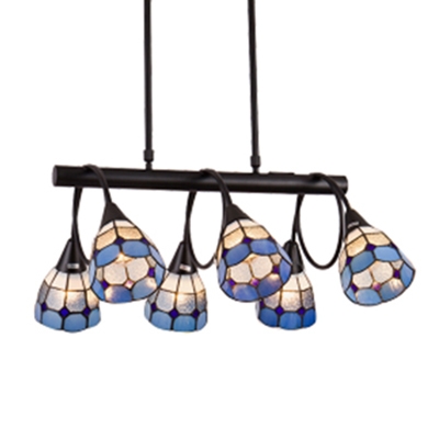 Nautical Style 6/10-Light Blue Checkered Dome Shade Linear Chandelier for Dining Room Restaurant