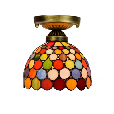 Small Colorful Circular Design Semi Flush Mount Ceiling Light with Tiffany Art Glass Conical/Dome Shade