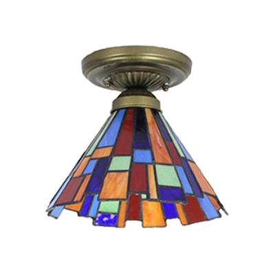 8 Inch Wide Colorful Conical Shade Tiffany Semi-Flush Light with Irregular Edge