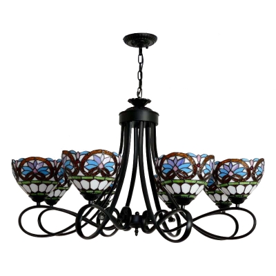 Baroque Style Eight-Light Wrought Iron Chandelier with Tiffany Stained Glass Bowl Shades