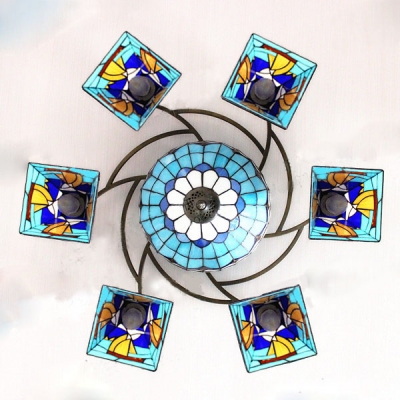 Nautical Style Blue Sailboat Pattern Stained Glass Tiffany Three/Eight-light Chandelier 2 Designs for Option