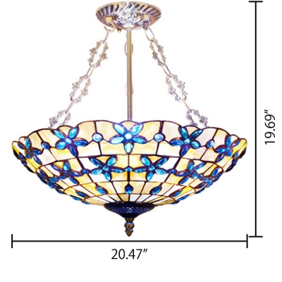 Brightly Hued Bowl Shaped Flower Pattern Inverted Pendant Light with Blue Stained Glass/Shell Lampshade