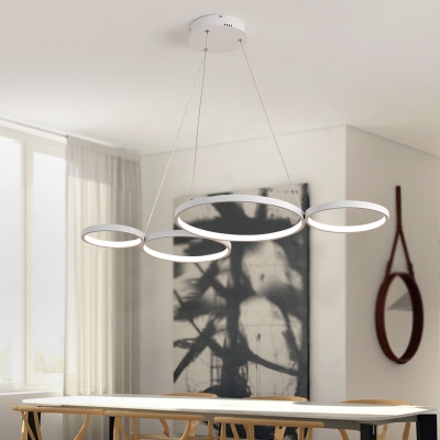 Contemporary White Finish Hoops LED Chandelier 60W 3000/4500/6000K 4 Light Large Halo LED Chandeliers for Brilliard Bar Foyer