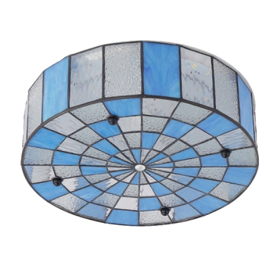 Tiffany Blue and Frosted Glass Checkered Ceiling Light Fixture with Drum Shade 15.75