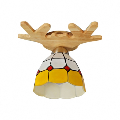 Yellow&White Checkered Dome Shade Semi Flush Light with Wooden Antler Shape Canopy