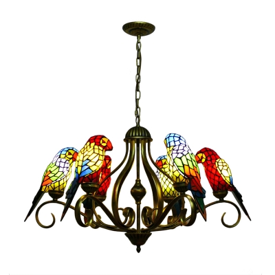 3/6-Light Multicolored Parrot Tiffany Stained Glass Chandelier in Shabby Chic Style