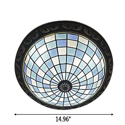 Blue&White Circular Grid Flush Mount Ceiling Fixture in Mediterranean Style for Living Room