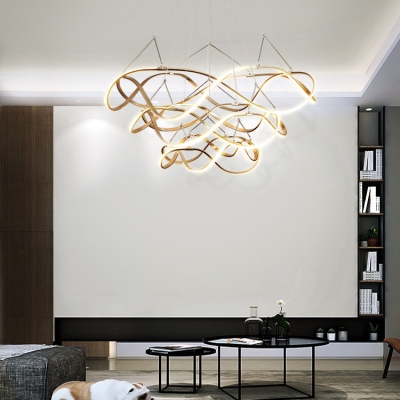 Chrome Curved LED Chandelier Multi Tiered Aluminum 33/83/152W Accent Ultra Thin Chaos Chandelier in Acrylic for Gallery Entryway Hallway