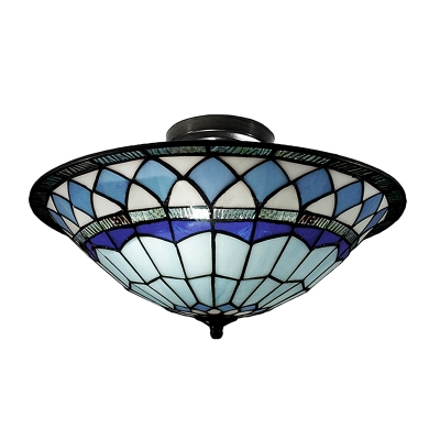 Craftsman Style Tiffany Mediterranean Three Light Flush Mount Ceiling Light