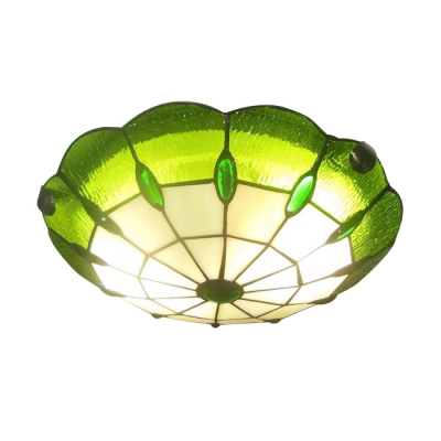 Green Rippled Glass Tiffany Flush Mount Light with Circular Grid Shade