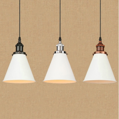 Industrial Single-Light Pendant with 7.08 Inch Width White Cone Shade, in Black/Chrome/Rust