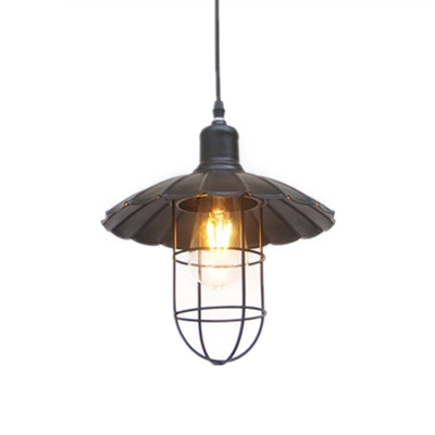 Industrial Style Black Single-Bulb Hanging Lamp Down Lighting with Scalloped Shade Cage