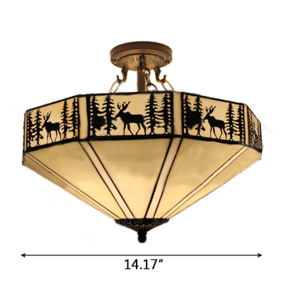 Lodge Style Stained Glass Ceiling Light Fixture Featuring Deer and Tree Pattern