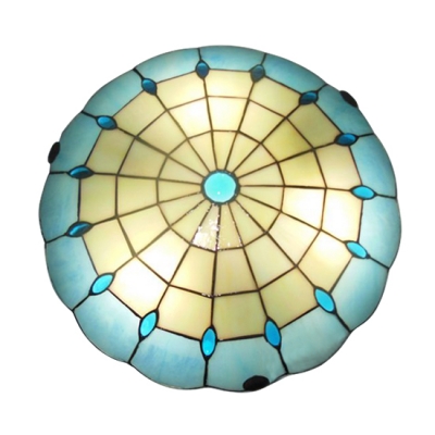 Mediterranean Style Tiffany Light Blue Stained Glass Flush Mount Light 3 Sizes for Option