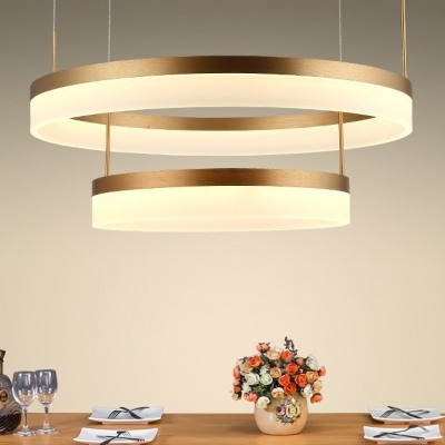 Modern Brass Tiered Frosted Shade LED Circular Ring Chandelier wIith Adjustable Height 5 Sizes for