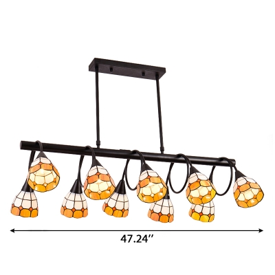 Orange&White Grid Pattern Art Glass Shade Linear Chandelier in Black Finish 2 Sizes Available