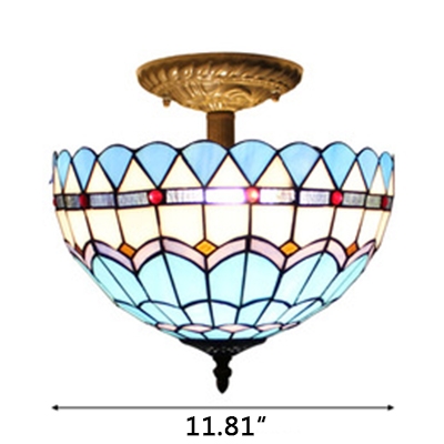 Tiffany Mediterranean Semi Flush Light Fixture with Blue Water Wave Bowl Shade