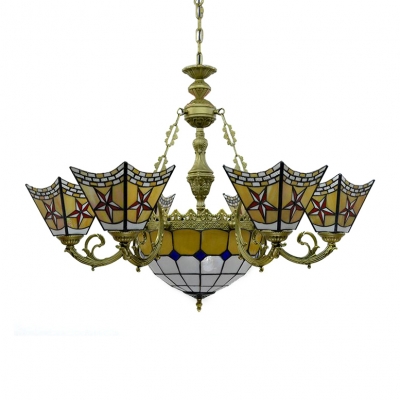 Tiffany Stained Glass Center Bowl Chandelier with 6 Small Shades Featuring Red Star Motif