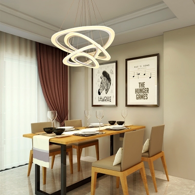 Unique Pendant Lights White Acrylic 4 Ring/5 Ring LED Oval Chandelier 115W Height Adjustable Mango Shaped LED Chandeliers for Foyer Staircase Hall