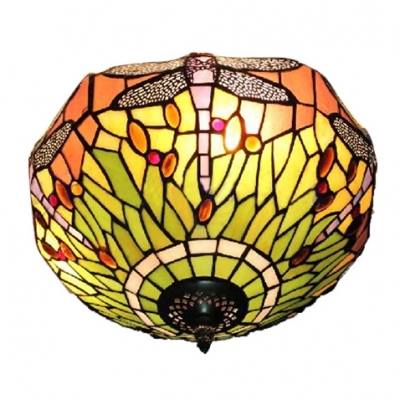 Vintage Classic Art Tiffany 2-Light Flush Mount Ceiling Fixture with Dragonfly and Floral Glass Shade, Multicolored, 12-Inch Wide